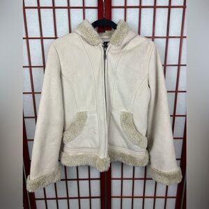 Y2K Mudd Faux Suede Lined Full Zip Beige Faux Fur Lined Hooded Jacket